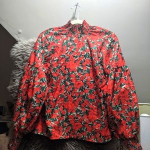 Lantern Sleeve Floral High Neck Blouse